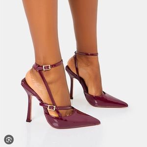 Public Desire Idol Burgundy Patent Buckle Strappy Detail Stiletto Pointed Heels